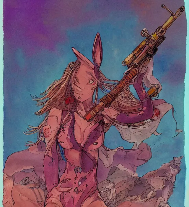 Prompt: a watercolor ink painting of bunnygirl gun bunny in the style of jean giraud in the style of moebius trending on artstation deviantart pinterest detailed realistic hd 8 k high resolution