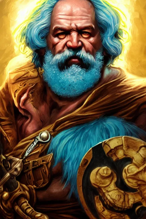 Image similar to character portrait of karl marx as a buff wild magic barbarian with a tattoo of an eye on the forehead, dungeons and dragons cover artwork, dynamic composition, dramatic lighting, trending on artstation, award winning art, stylized painting by sophie anderson, wayne barlowe, richard corben, concept art, 4 k, 8 k, gold and teal color scheme