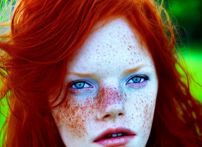 Image similar to award winning 8 5 mm close up face portrait photo of a redhead with deep red hair, freckles and blue eyes in a park by luis royo.