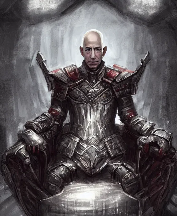 Image similar to a grimdark fantasy concept art portrait of jeff bezos sitting on a dark and evil throne