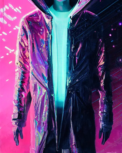 Image similar to detailed portrait of European Pretty Pale Guy Sheen Holographic Jacket coat, Futuristic sci-fi fashion, royal attire Akira, Evangelion, cyberpunk, neotokyo, synthwave, aesthetics, futuristic, low-emission-neon, bladerunner movie scene by ismail inceoglu dragan bibin hans thoma greg rutkowski Alexandros Pyromallis Nekro Rene Margitte illustrated Perfect face, fine details, realistic shaded, fine-face, pretty face sharp chine
