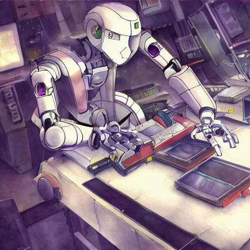 Image similar to a broken robot fixing itself, anime, pencil lines, light watercolour painting, pale sky, beautiful artwork, anime screenshot, tokyo