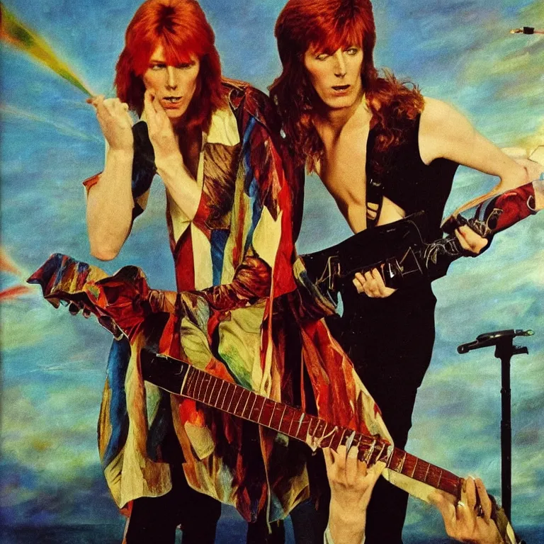 Prompt: Pre-Raphaelite portrait of 1970s David Bowie, ziggy stardust playing flying V guitar, single lighning strike in background. Flash Gorden