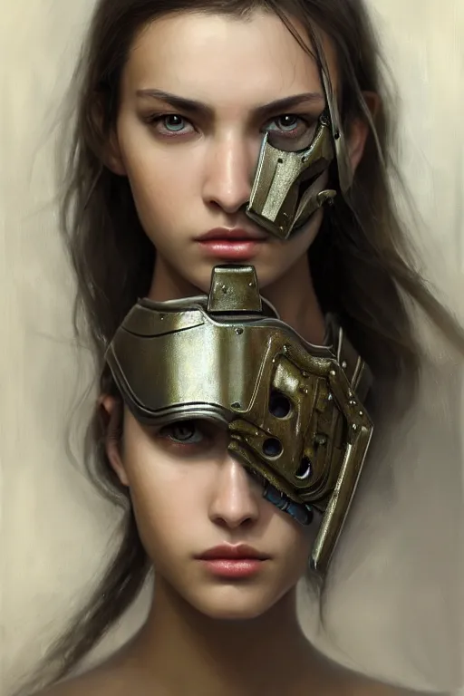 Image similar to a photorealistic painting of an attractive young girl, partially clothed in metal-plated battle armor, olive skin, long dark hair, beautiful bone structure, symmetrical face, perfect eyes, intricate, elegant, digital painting, concept art, illustration, sharp focus, minimal artifacts, from Metal Gear, in the style of Ruan Jia and Mandy Jurgens and Greg Rutkowski, trending on Artstation, award winning