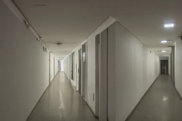 Prompt: a photo, five and a half minute hallway, at night, strange angles, lots of corridors