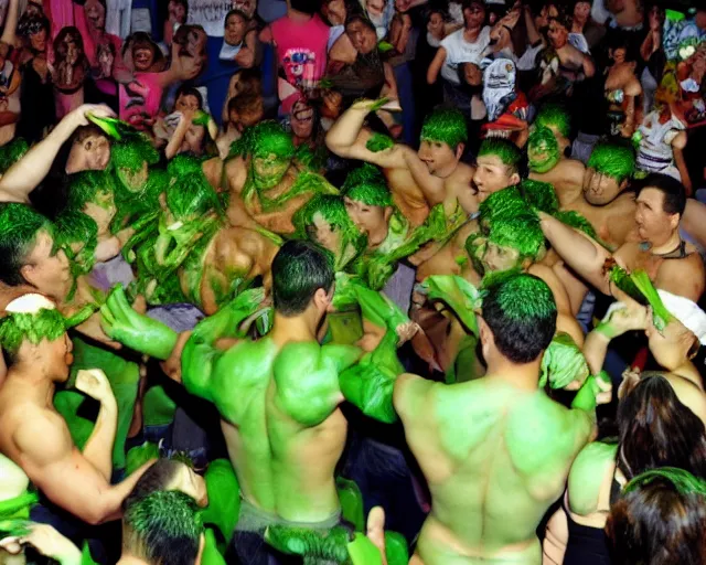 Image similar to muscular humanoid yoshi mosh pit with green onions, yoshi gigachad clones + green onion