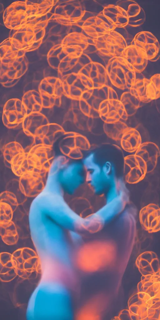 Image similar to a blurry picture of gorgeous human bodies intertwined, long exposure photograph, anamorphic bokeh, orange and cyan lighting