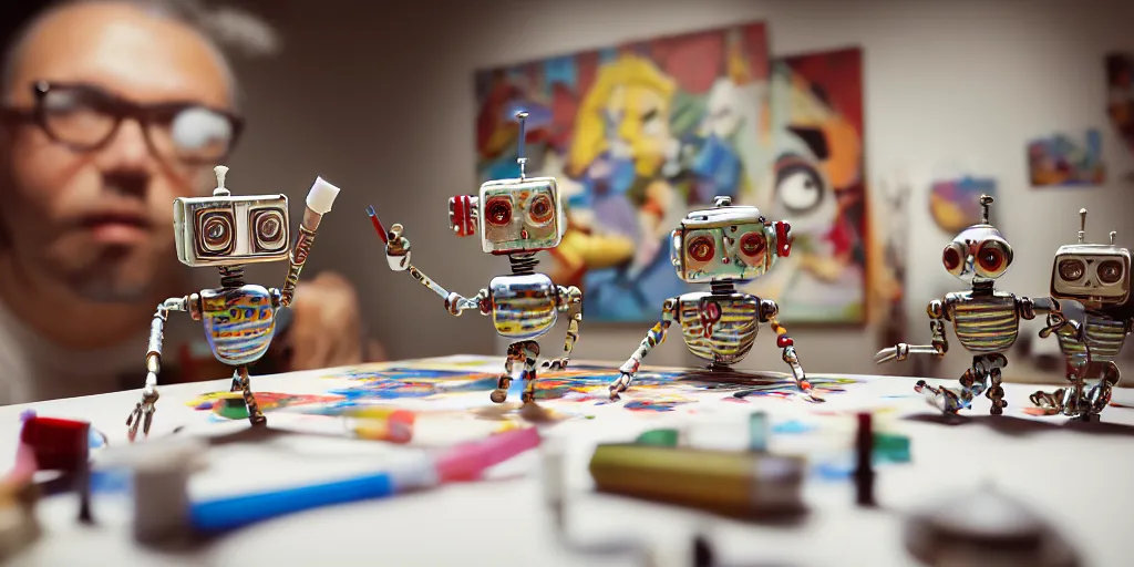 Image similar to closeup portrait of tin toy retro robots painters mixing gouache on white paper table in an artist workshop, depth of field, zeiss lens, detailed, centered, fashion photoshoot, by nicoletta ceccoli, mark ryden, lostfish, breathtaking, 8 k resolution, extremely detailed, beautiful, establishing shot, artistic, hyperrealistic, octane render