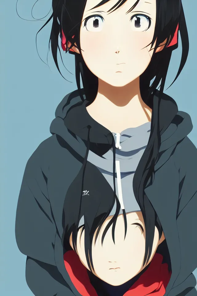 Image similar to anime visual, portrait of a young black haired girl wearing hoodie on the city street, cute face by yoh yoshinari, katsura masakazu, studio lighting, half body, dynamic perspective, strong silhouette, anime cels, ilya kuvshinov, cel shaded, crisp and sharp, rounded eyes