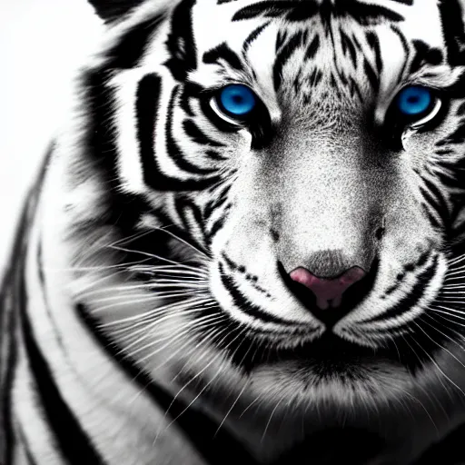 Image similar to photograph of a white tiger with piercing blue eyes, dramatic lighting, dramatic lighting, beautiful, epic, glorious, extreme detail, 4k, award-winning