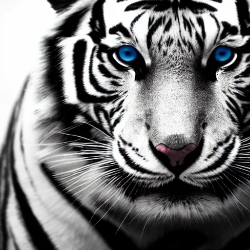 black and white tiger face with blue eyes