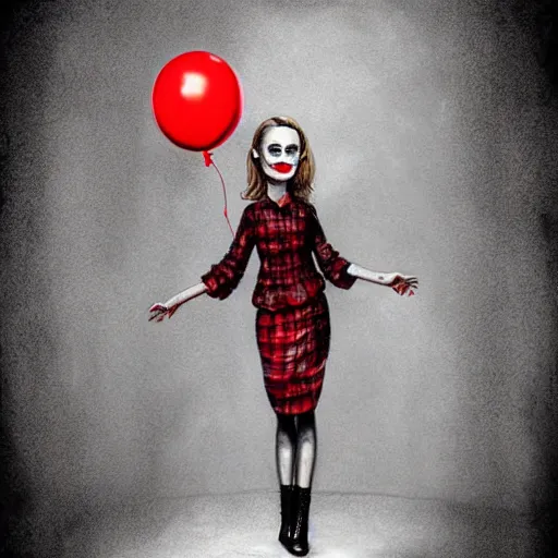 Image similar to surrealism grunge cartoon portrait sketch of natalie portman with a wide smile and a red balloon by - michael karcz, loony toons style, freddy krueger style, horror theme, detailed, elegant, intricate