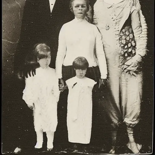 Prompt: old alien family photos, black and white, 1 9 0 0 s