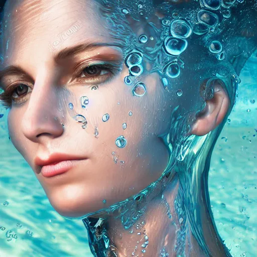 Image similar to water artwork manipulation in the shape of a beautiful female head, on the ocean water, ray tracing, realistic water sharp focus, long shot, 8 k resolution, cinematic, surreal water art