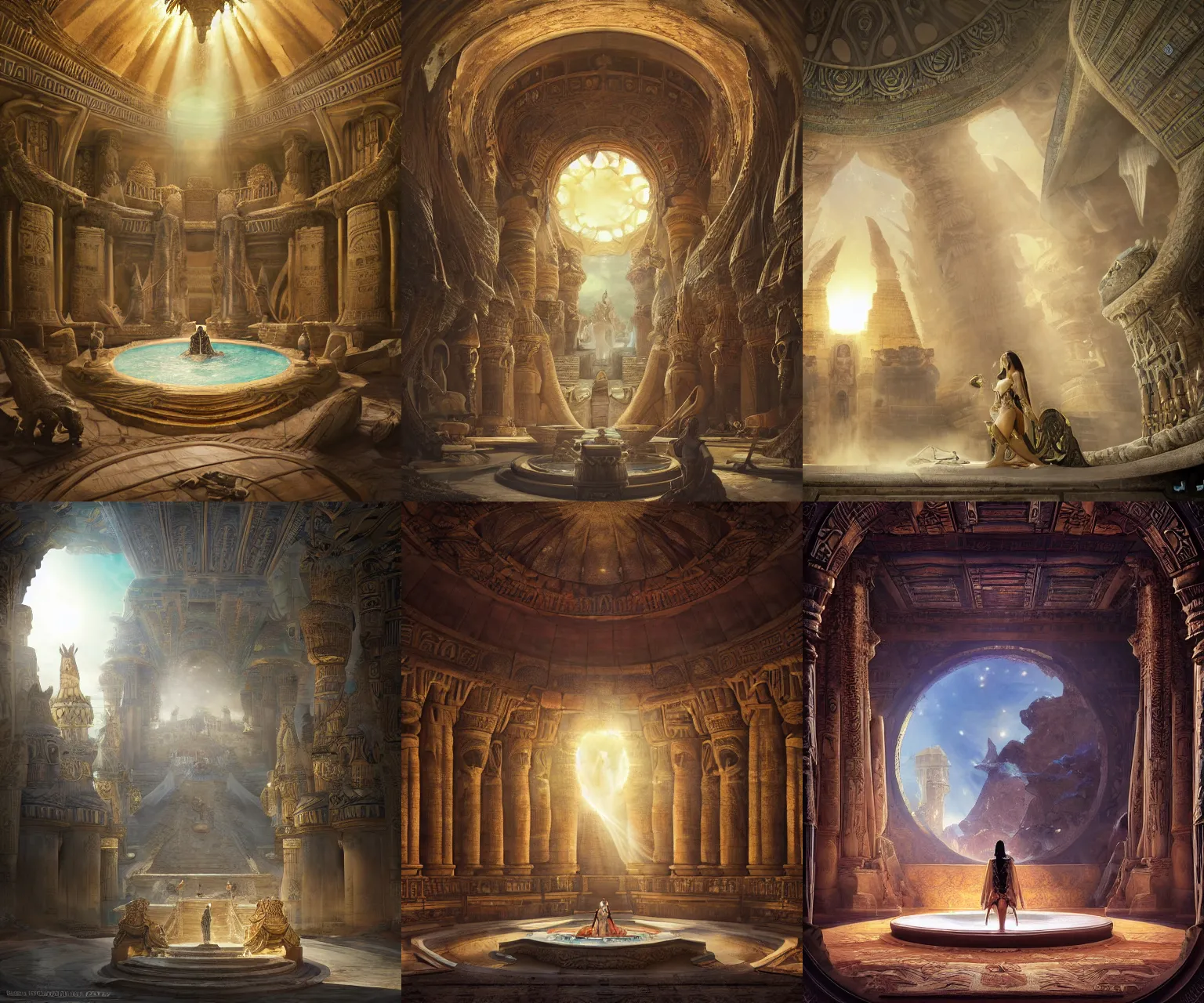 Prompt: fantasy movie scene andreas rocha and canaletto and mucha and noriyoshi ohrai detailed digital art of ornate and royal egyptian antechamber tomb, cleopatra in a circular pool with an erupting galaxy, epic atmosphere, sharp sunray lighting, cinematic lighting, fine details, ambient occlusion, unreal engine, hyperrealism, cinematic composition, blender render, realistic, detailed textures