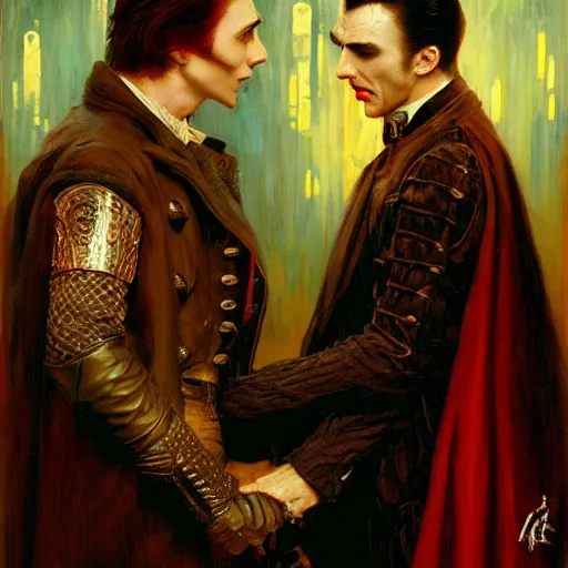 Image similar to attractive male, arthur pendragon confesses his love to attractive male dracula the vampire. highly detailed painting by gaston bussiere, craig mullins, j. c. leyendecker 8 k