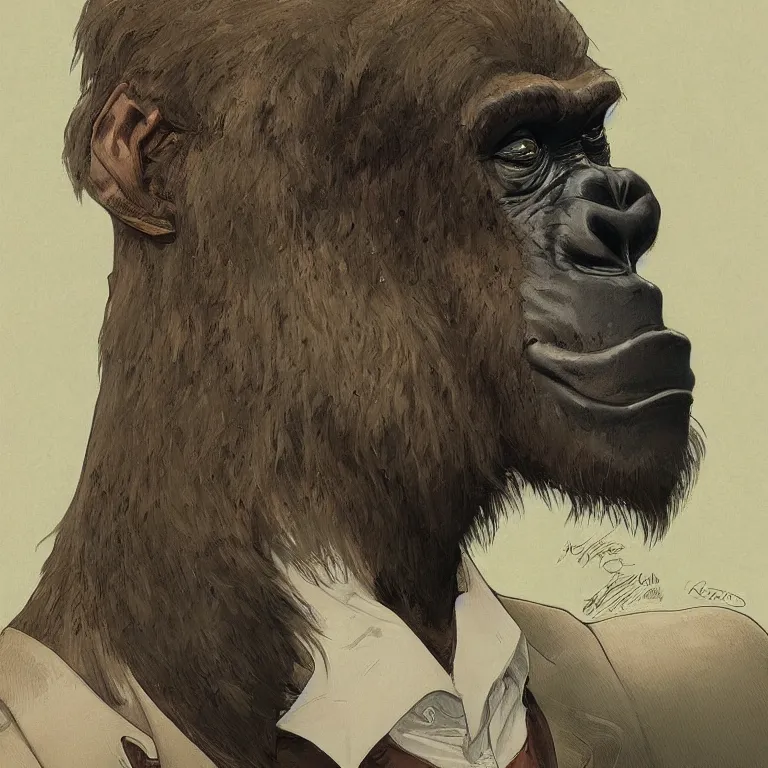 Image similar to a highly detailed Art Nouveau character portrait of a serious gorilla wearing a tailored business suit, intricate, wild, digital painting, artstation, concept art, smooth, sharp focus, illustration, art by artgerm and greg rutkowski and alphonse mucha