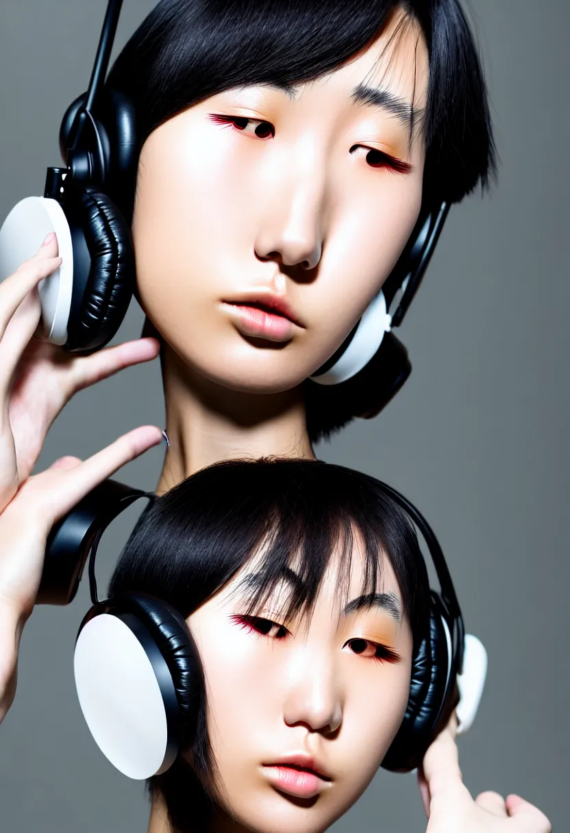 Image similar to headshot, japanese young woman, headphones listening to music, elegant as fashion editorial shot, highly detailed, smooth, sharp focus, photo by vogue