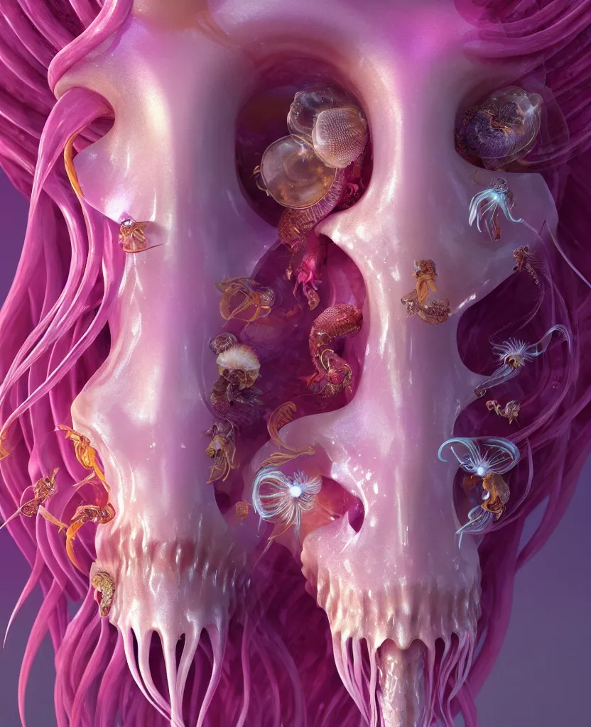 Image similar to goddess princess face close-up portrait ram skull. jellyfish phoenix head, nautilus, orchid, skull, betta fish, bioluminiscent creatures, intricate artwork by Tooth Wu and wlop and beeple. octane render, trending on artstation, greg rutkowski very coherent symmetrical artwork. cinematic, hyper realism, high detail, octane render, 8k