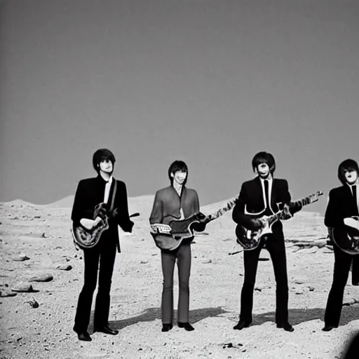 Prompt: the beatles playing a concert on mars. photograph 8 k cinematic