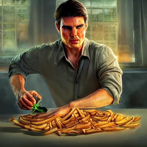 Image similar to tom cruise planting fries in the ground, digital art, highly - detailed, artstation cgsociety masterpiece