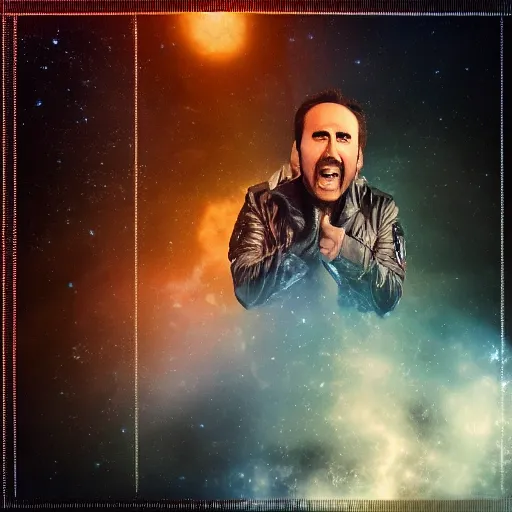 Image similar to hyperrealistic dslr film still of nicolas cage screaming in space, stunning 8 k octane comprehensive 3 d render, inspired by istvan sandorfi & greg rutkowski & unreal engine, perfect symmetry, dim volumetric cinematic lighting, extremely hyper - detailed, extremely lifelike attributes & lifelike texture, intricate, masterpiece, artstation, stunning