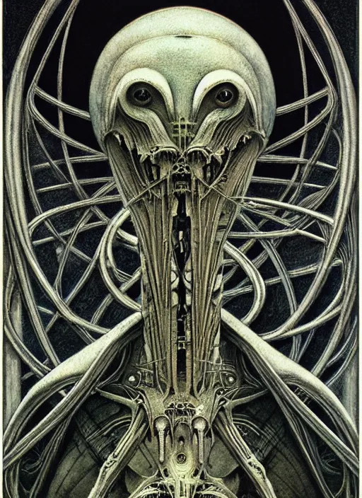 Prompt: symmetrical tarot card, H.R. Giger art, the blind oracle of cold biomechanics, detailed, intricate, elegant, cgsociety, haunting, luxurious, ominous, matte painting, cinematic, Brian Froud, Yoshitaka Amano, Hiroshi Yoshida, Wayne Barlowe