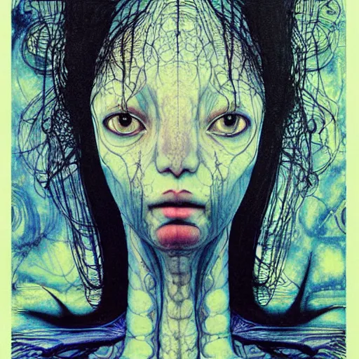 Image similar to simple concept art portrait of, ‘ the alien ’. an award winning yoshitaka amano digital art poster, by james gurney and gerhard richter. art by takato yamamoto. masterpiece, rich colours.