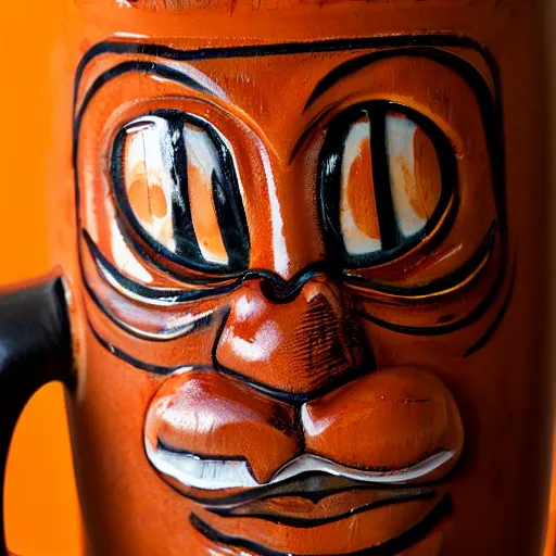 Image similar to a closeup photorealistic photograph of an orange cat garfield style tiki mug at a trader vic's bar with garfield's face on the front. tiki party. bright scene. fine detail. this 4 k hd image is trending on artstation, featured on behance, well - rendered, extra crisp, features intricate detail, epic composition and the style of unreal engine.