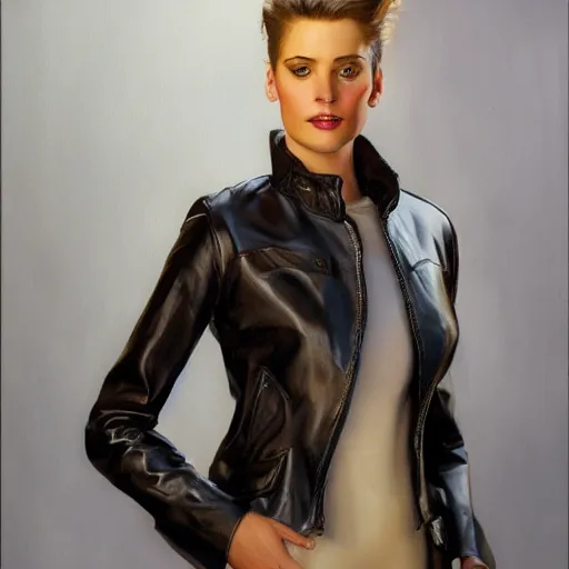 Prompt: fashion model with leather jacket painted by leyendecker, oil painting, 4 k, detailed, artstation