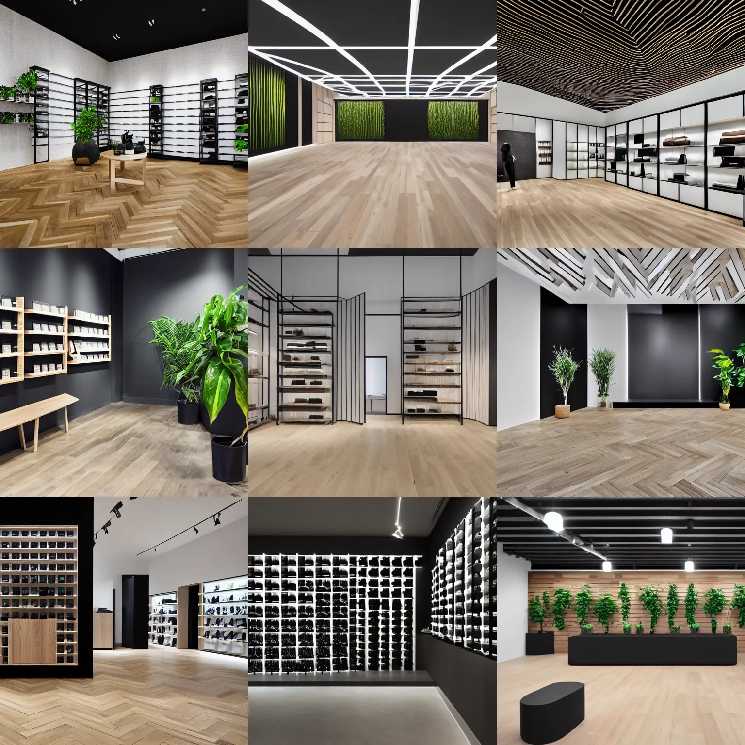Prompt: a minimalist store, oak parquet, black walls, digital walls, plants
