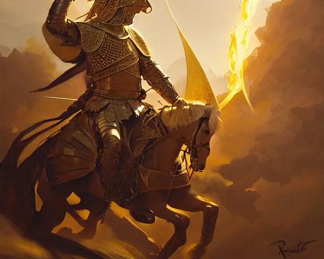 Image similar to battle of kings, medieval war, fire and dust and golden armor, action, dramatic lighting, intricate, wild, highly detailed, digital painting, artstation, concept art, smooth, sharp focus, illustration, art by artgerm and greg rutkowski and alphonse mucha