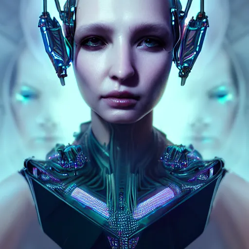 Image similar to cyberpunk robotic dark elvish queen, diadem on the head, cyber implants, black tears, extremely detailed, hyperrealistic, intricate, soft light, fantasy, digital painting, art station, perfect faces, fine details, by wlop