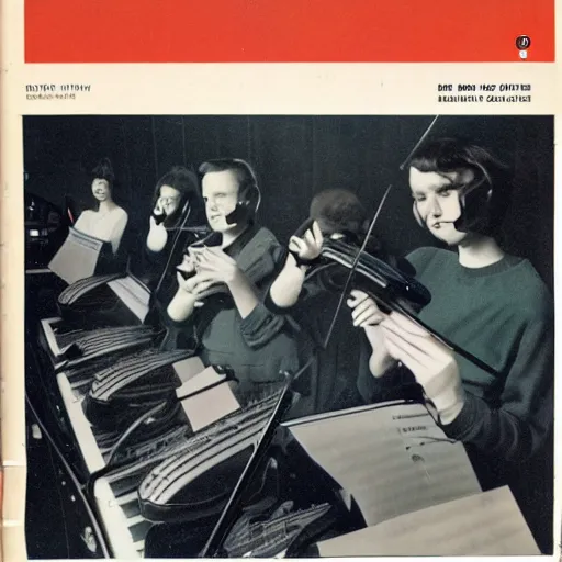 Image similar to a string quartet and three live coders performing in a space age setting, 1960s picture from a magazine