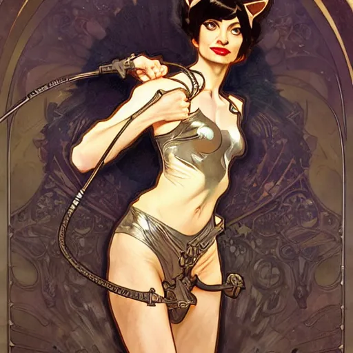 Image similar to kate micucci as catwoman, fantasy, d & d, intricate, detailed, by by alphonse mucha, adolfo hohenstein, alice russell glenny, stanley artgerm lau, greg rutkowski, detailed, trending on artstation, trending on artstation, smooth