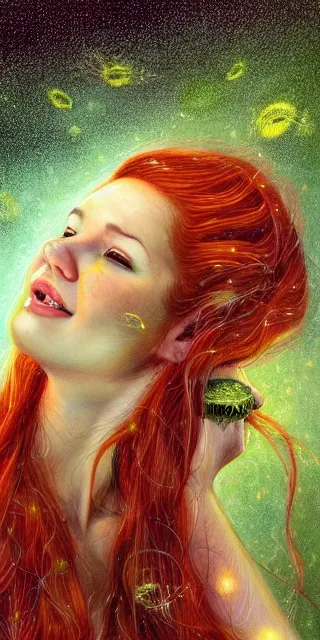 Image similar to infp young woman, smiling amazed, golden fireflies lights, sitting in the midst of nature fully covered, long loose red hair, intricate linework, green eyes, small nose with freckles, oval shape face, realistic, expressive emotions, dramatic lights mystical scene, hyper realistic ultrafine art by michael cheval, jessica rossier, boris vallejo, artgerm