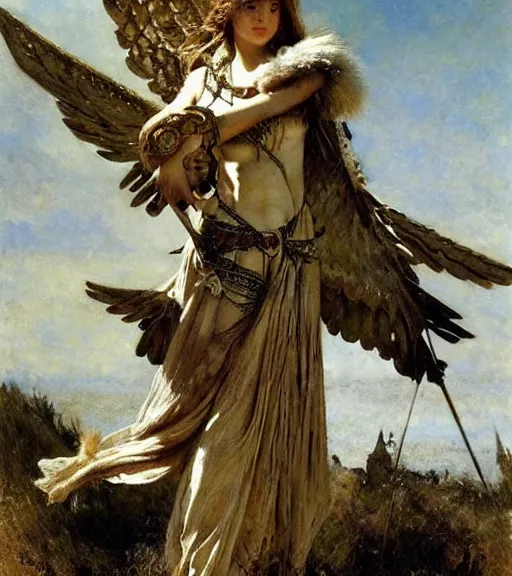 Prompt: epic presentation of a valkyrie, detailed armor with white scarf, beautiful opened wings, character design, gorgeous, epic, dramatic lighting, ocult, hero, authority, digital art, classicism style, ultra detailed, octane by jules bastien - lepage, sophie anderson jean - joseph benjamin - constant