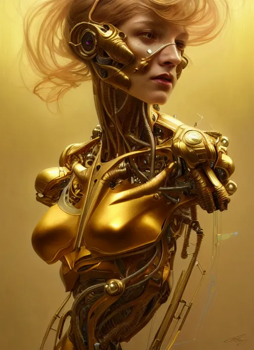 Image similar to organic cyborg, gold, diffuse lighting, fantasy, intricate, elegant, highly detailed, lifelike, photorealistic, digital painting, artstation, illustration, concept art, smooth, sharp focus, art by John Collier and Albert Aublet and Krenz Cushart and Artem Demura and Alphonse Mucha