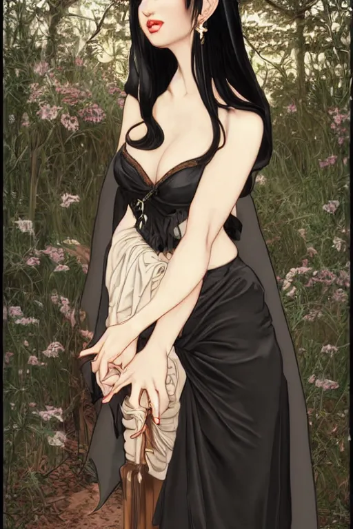 Prompt: eloquent milf elf queen with long black hair, full body portrait, gorgeous, seductive, realistic, silk dress and cloak, silk gloves, digital art, path traced, highly detailed, high quality, lively, sakimi chan, alphonse mucha, leesha hannigan