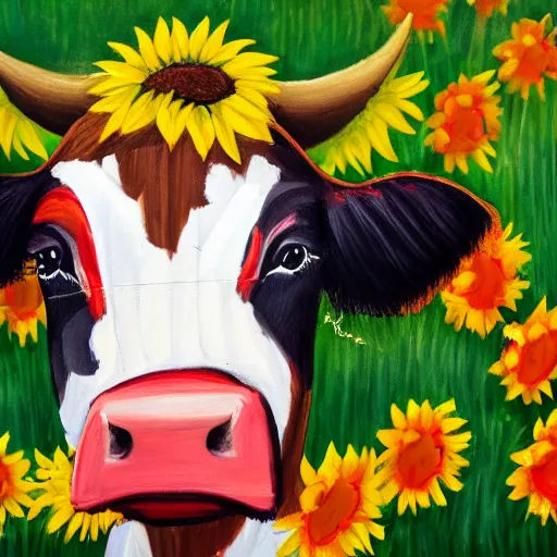 Image similar to head portrait of southern belle cow wearing a red farmers hat, surrounded by sunflowers outside in a field, 4k, illustration