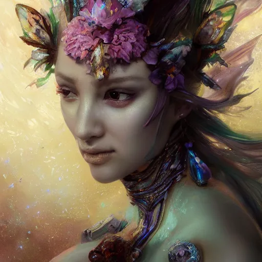 Prompt: face 1 1 1 1 closeup of magical fairy flowers and ice velvet, vgbftk, diamonds, angels, 3 d render, hyper - realistic detailed portrait, holding fire and electricity rainbow, ruan jia, wlop. scifi, fantasy, magic the gathering, hyper detailed, octane render, concept art, peter mohrbacher c 2 0