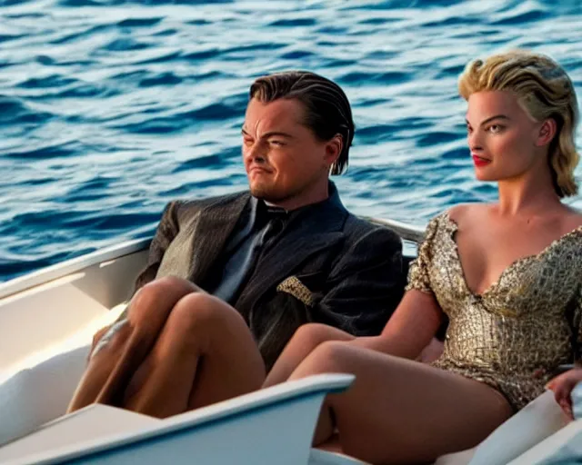 Image similar to leonardo dicaprio as the wolf of wall street next to margot robbie as naomi from the wolf of wall street sitting in a fishing boat, hyper realistic faces, beautiful eyes, cinematic, long shot, hyper detailed, 8 5 mm photograph, 8 k resolution, film still, sharp lens, wide lens