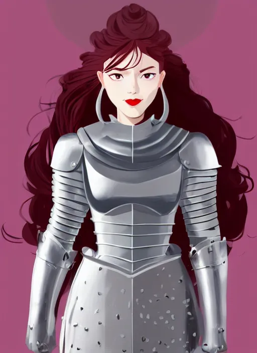 Image similar to a young woman in full plate armor with beautiful hair and red lips stages in a dramatic pose. she is a knight. clean cel shaded vector art. shutterstock. behance hd by lois van baarle, artgerm, helen huang, by makoto shinkai and ilya kuvshinov, rossdraws, illustration, art by ilya kuvshinov