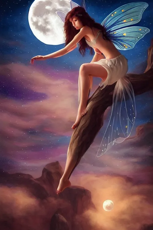 Image similar to attractive fairy magically floating high in the night, fantasy, full moon in background. highly detailed painting by artgerm, mid shot, 8 k