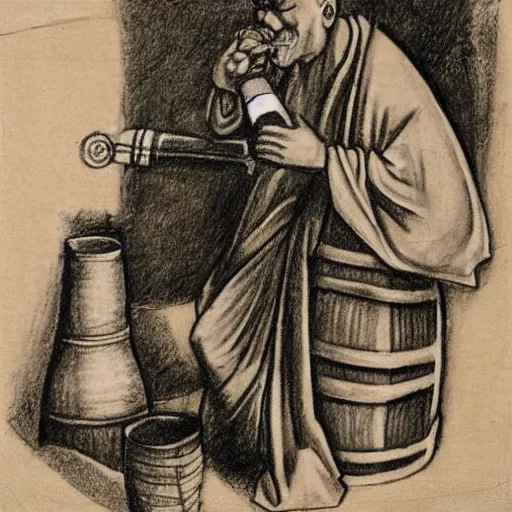 Prompt: charcoal sketch of a monk drinking wine next to a barrel, medieval style