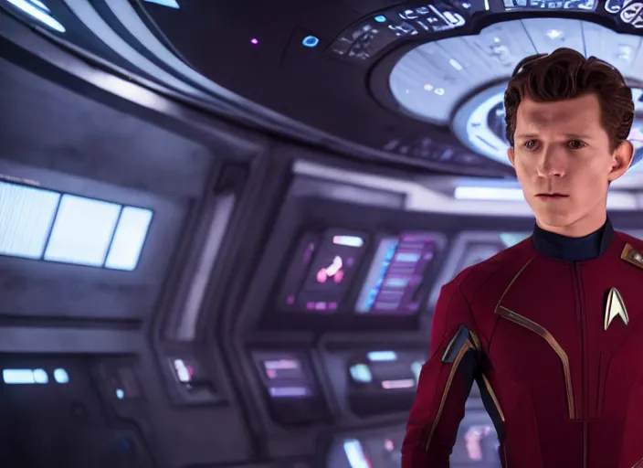 Image similar to Tom Holland plays as captain in Star Trek Discovery, engine room and warp core in the background, 35mm photography, highly detailed, cinematic lighting, 4k