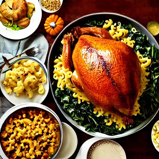 Prompt: a delicious thanksgiving dinner, dinner table, turkey, greens, macaroni and cheese, dimly lit, product shot