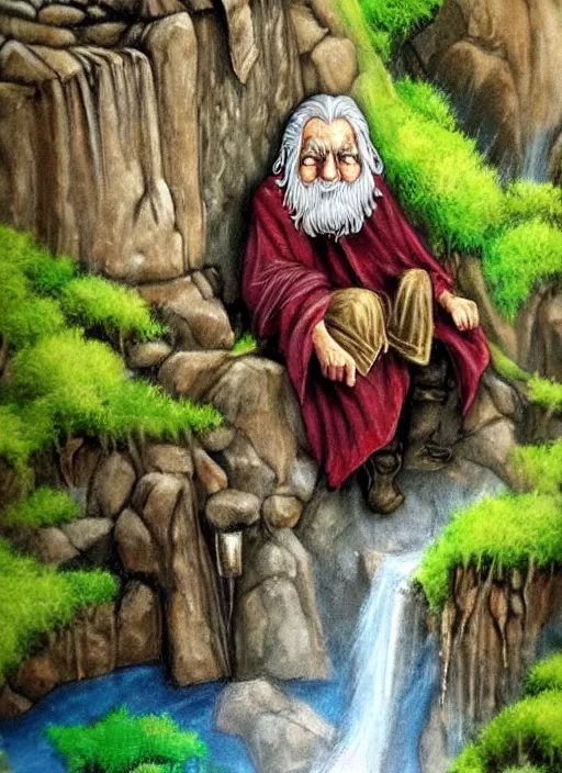 Prompt: old wise wizard sitting next to waterfall in the mountains, trending on deviantart, lord of the rings, detailed, colorful