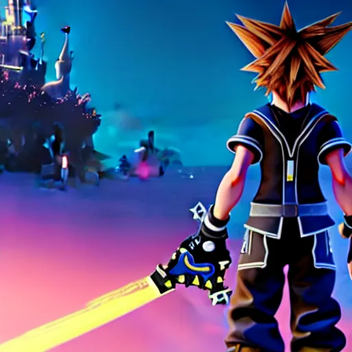 Prompt: Kingdom Hearts 3 as a First Person Shooter game, Fallout 4 inspired screenshot of kingdom hearts 3, uhd 4k, unreal engine 4, stunning visuals with rtx on, trending on artstation, Disney Square Enix and Fortnite Crossover