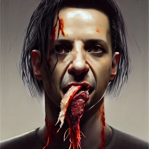 Image similar to portrait of a young dave gahan with long stringy hair as a zombie eating some meat, 7 days to die zombie, fine art, award winning, intricate, elegant, sharp focus, cinematic lighting, highly detailed, digital painting, 8 k concept art, art by guweiz and z. w. gu, masterpiece, trending on artstation, 8 k